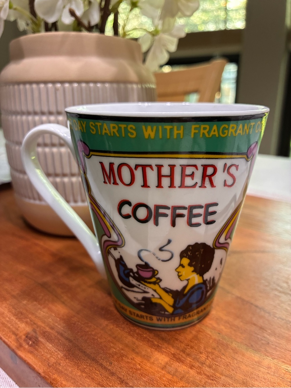 Mother's Coffee Ceramic Mug - White with Green and Yellow Accents